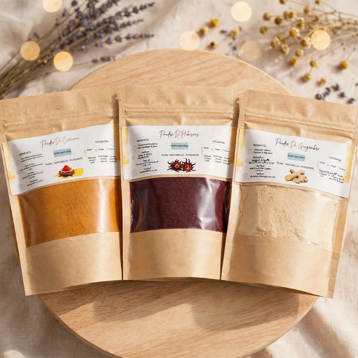 Lot de 3 Poudres Bien-être — Curcuma, Gingembre & Hibiscus